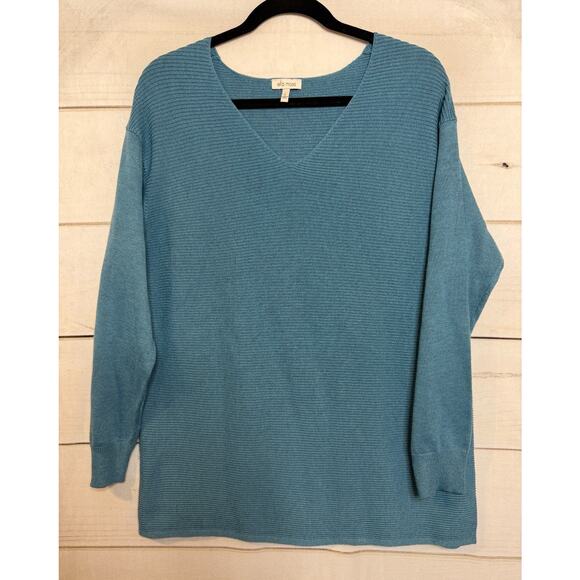 Ella Moss Sweater Teal Sz LG V Neck Ribbed Cozy Comfy Solid - Picture 1 of 4